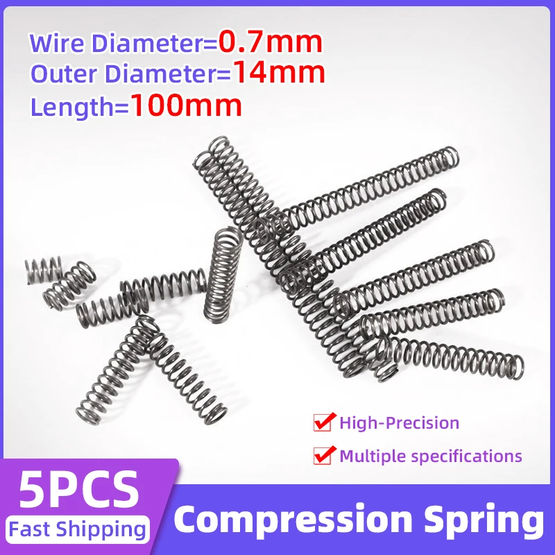 

Creamily 5Pcs/Lot Compression Spring Micro Cylidrical Coil Rotor Return Pressure Spring OD=14mm Wire Diameter=0.7mm Length=100mm