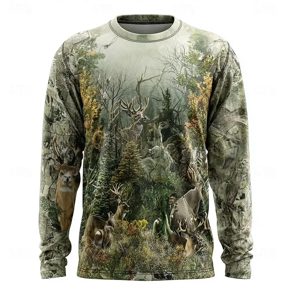 Camo Deer Print Long Sleeve Shirt Men's 3D Graphic Crew Neck Top,Outdoor Streetwear Fashion Spring Summer Casual Wear Tops