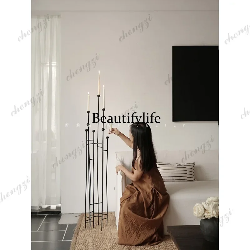 R134 Floor-to-ceiling candlestick lamp holder wabi-sabi wind wrought iron multi-head scented candle table holder retro ornament
