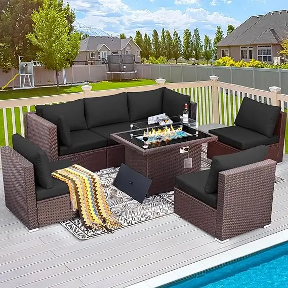 

7pcs PE Wicker Patio Furniture Set Sectional High Back Large Size Sofa Sets with Propane Fire Pit Table