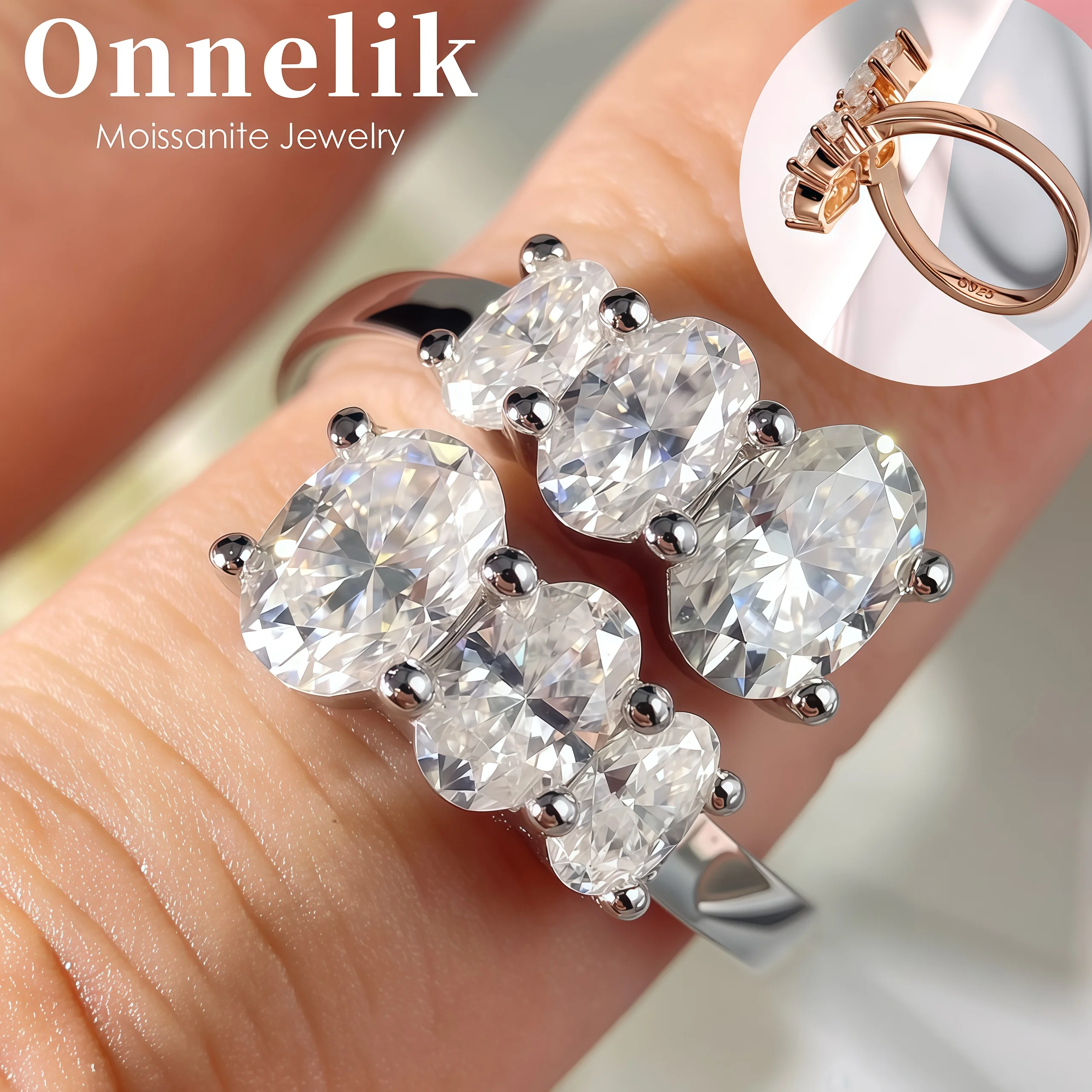 

Кольцо Onnelik из стерлингового серебра 925 пробы с муассанитом овальной огранки 1 карат, кольцо с тремя камнями, покрытие из золота/розового золота для женщин, элегантное