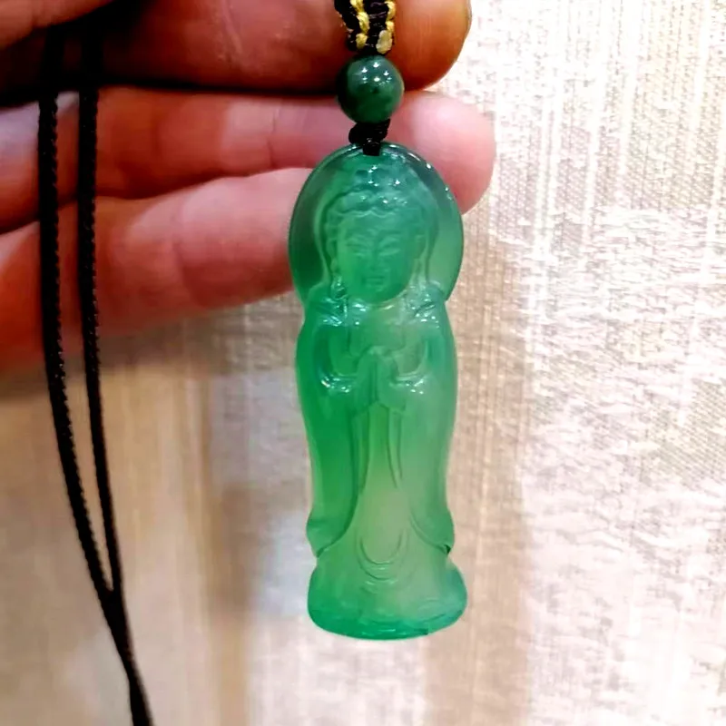 

Natural Green Handmade Carved Guanyin Jade Pendant, Fashionable Boutique Green Agate Buddha Necklace Gift