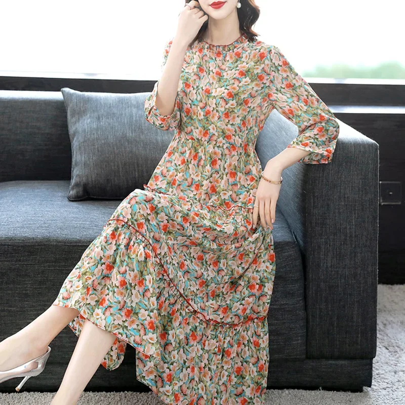 

High Quality Spring Summer Dress 100% Silk Dress Female Vintage Floral Dresses For Women Casual 2024 Vestido De Mujer Pph3742