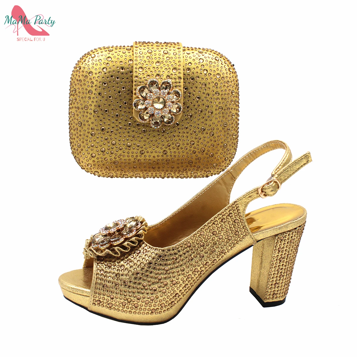 Peep Toe Sandals Matching Bag in Gold Comfortable Heels Shoes with Platform for Wedding Dress