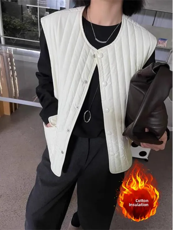 

round Ne Cotton Liner Vest Autumn Winter New Sle Vertical Stripes Warm Large Size Women's Versatile Single Button Jaet