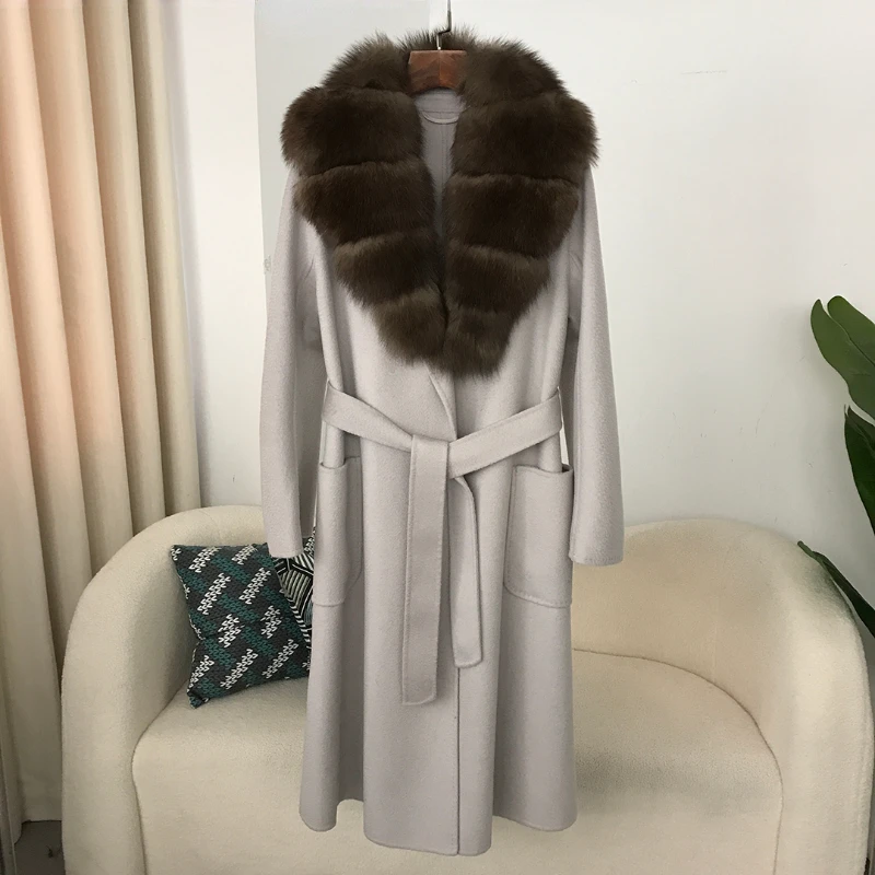 

FURYOURSELF 2024 Wool Woolen Ladies Natural Fox Fur Collar Real Fur Coat Winter Jacket Women Belt Thick Warm loose Streetwear