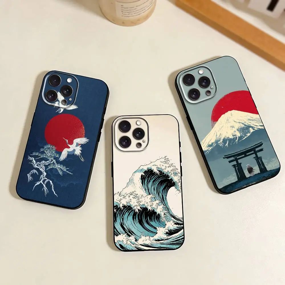 

J-Japan S-Style Ukiyo-e Phone Case For iPhone 17,16,15,14,13,12,11 Plus,Pro Max,XS,Soft Silicone Black Cover