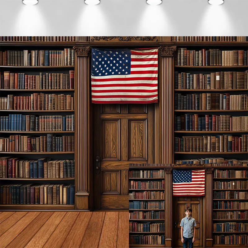 LS Independence Day Photography Background Bookshelf Wall Flag Wooden Door Decor Adult Kids Portrait Photo Backdrop Studio