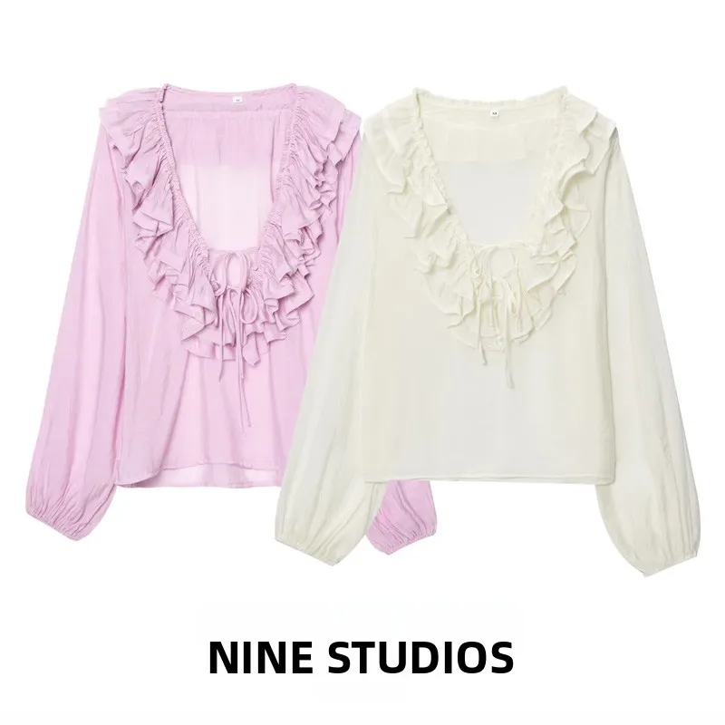 

Nine Za Women's Pure Color Casual Layered V-Ne Ruffle Trim irt Long Sve Top with Belt Commute Sle Loose Fit