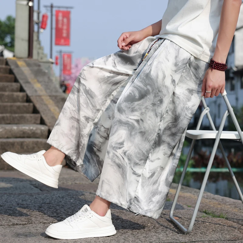 M-5XL Plus Size Men's Wide Leg Pants Japanese Streetwear Yoga Pants Hip Hop Baggy Trousers Chinese Type Painting Summer Clothing