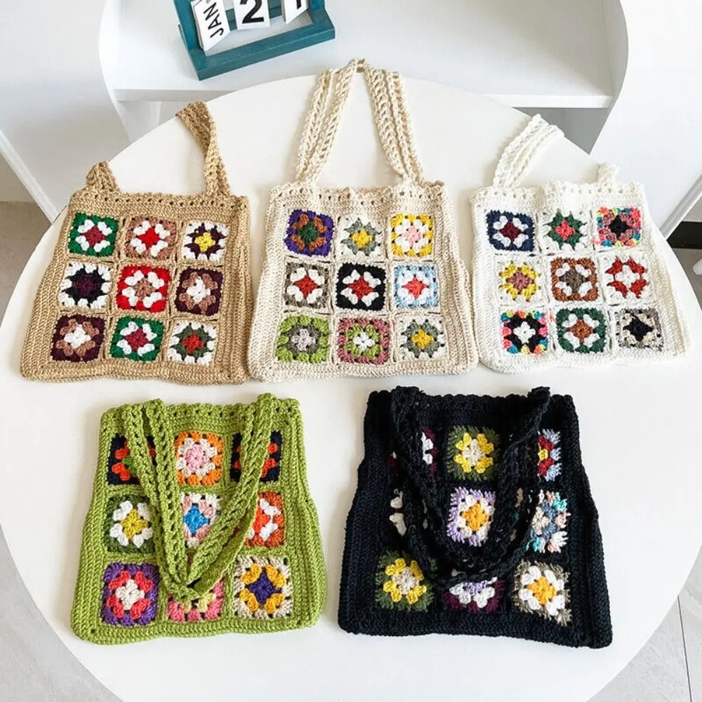 Handmade Crochet Weaving Grandmother Grid Shoulder Bag Leisure Mixed Color Flower Block Fashion Shoulder Bag