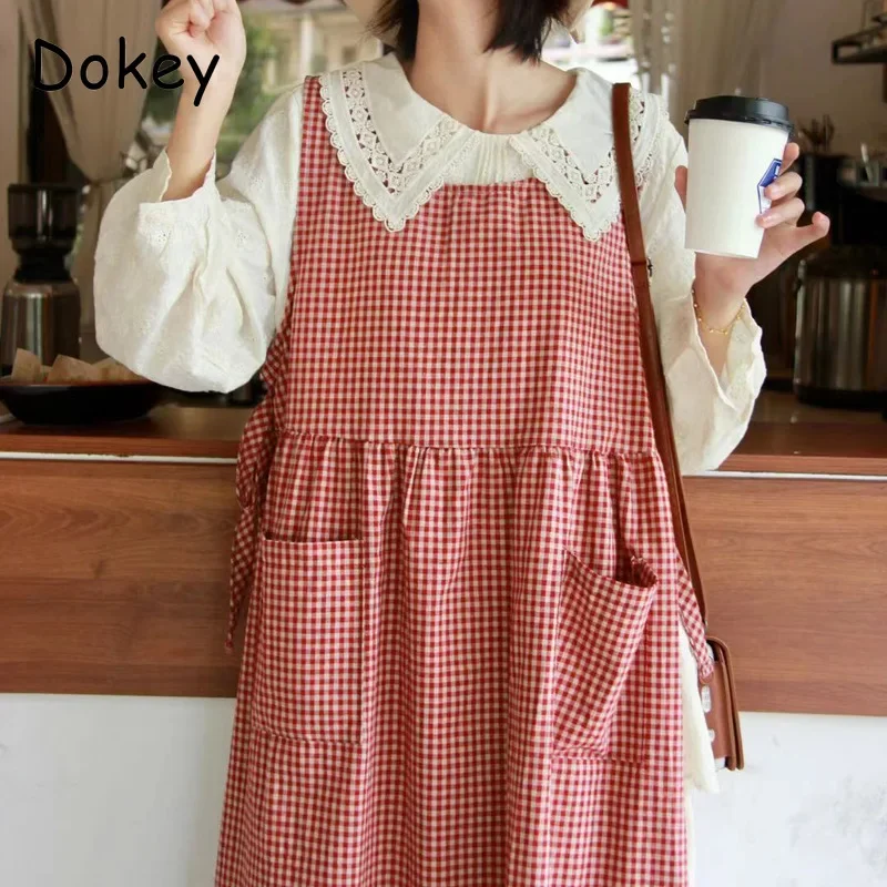 Vintage Mori Plaid Vest Dress donna giapponese Preppy Lace-up senza maniche Pullover allentato abiti Casual lunghi in cotone e lino