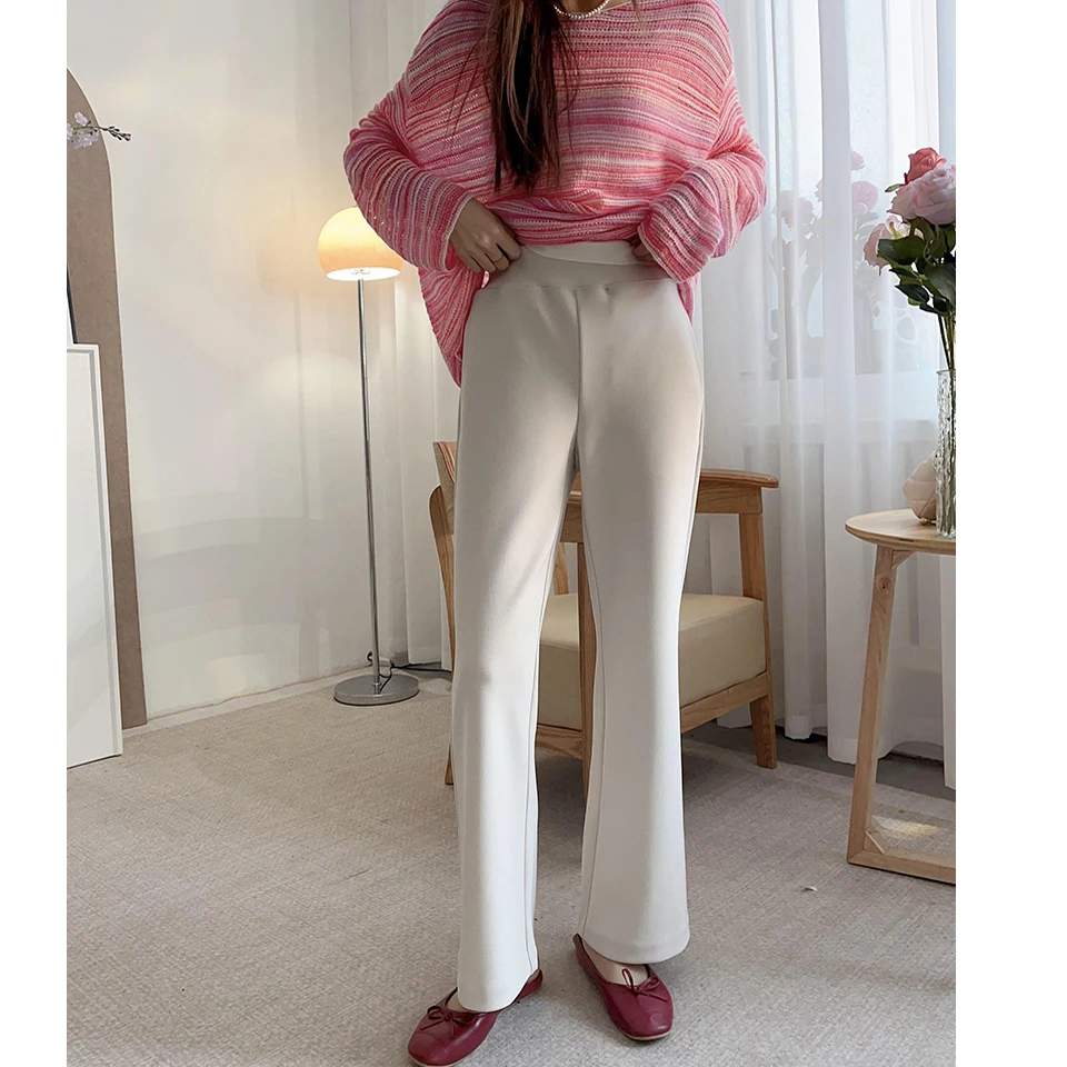 Confortable taille haute jambe droite Micro évasé minceur quatre voies Stretch pantalons décontractés femmes 2 couleurs printemps taille haute