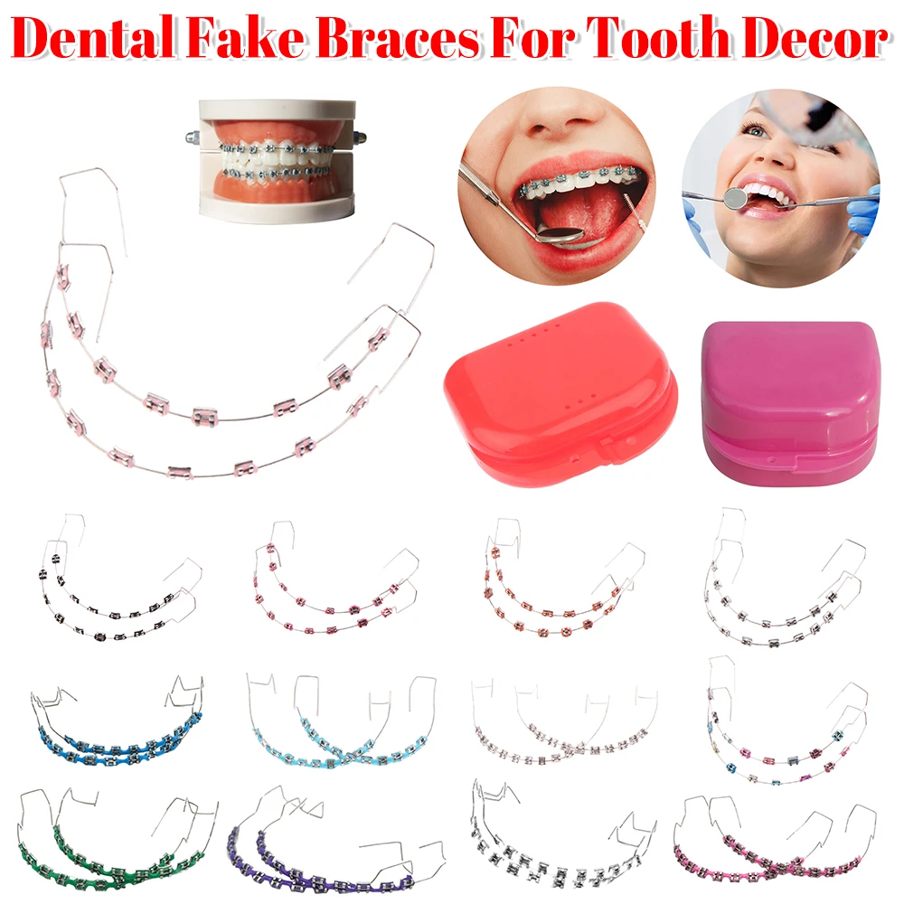 

2 шт./упак., стоматологические поддельные брекеты, провода с коробкой для хранения, красочный металлический кронштейн, ортодонтические лигатуры, завязки для ежедневной защиты зубов