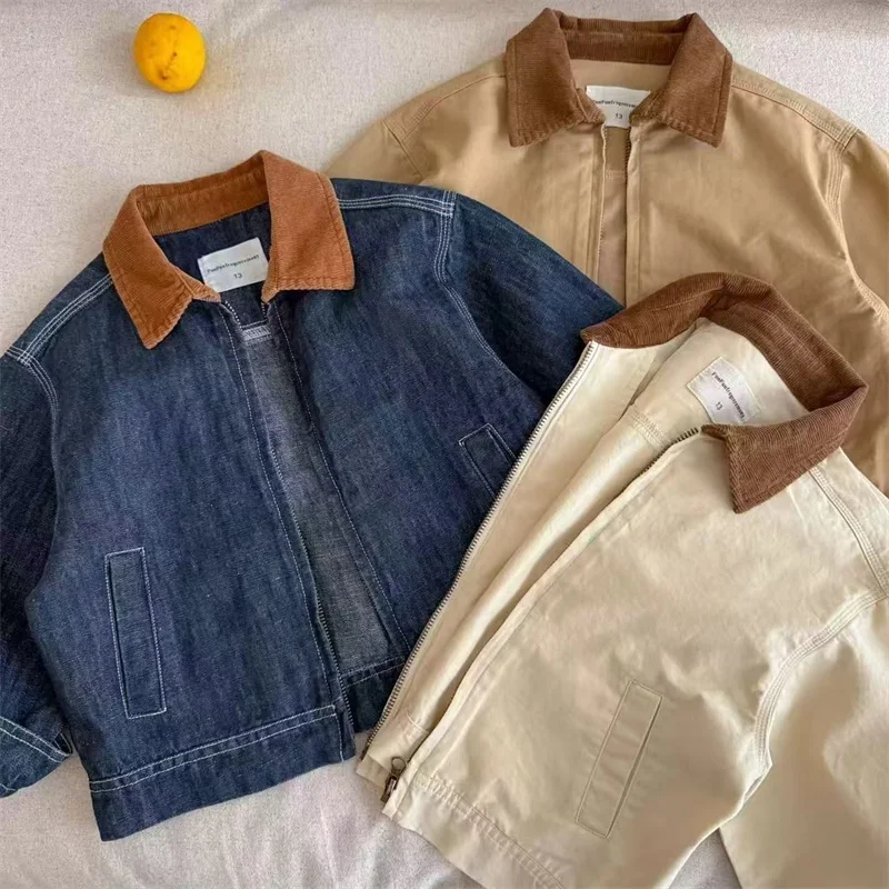 Boys Girls Denim Jackets Autumn Kids Fashion Coats Children Spring Color-Blocked Lapel Outerwear 2026 New Toddler Casual Clothes