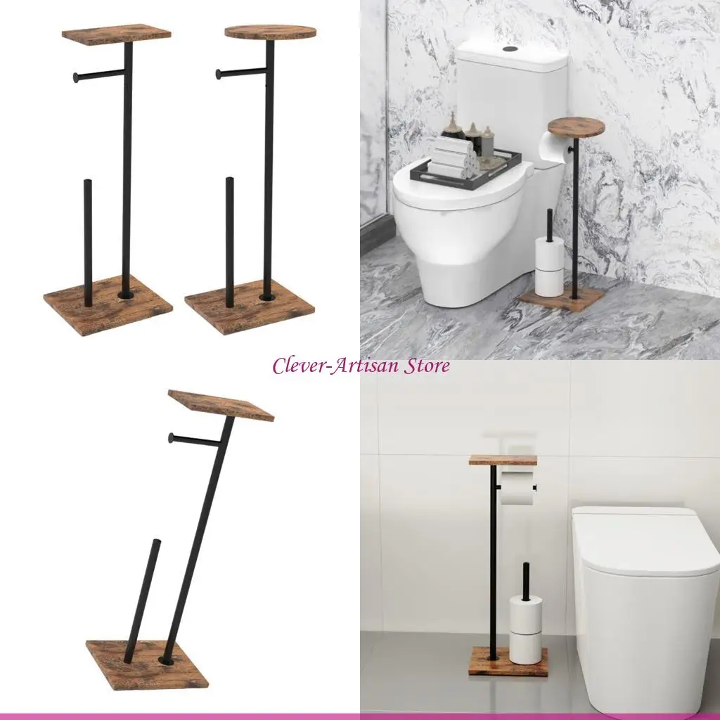 

E06B Movable Toilet Paper Floor Stand Natural Finish Bathroom Storage Solution with Decorative Top Platform