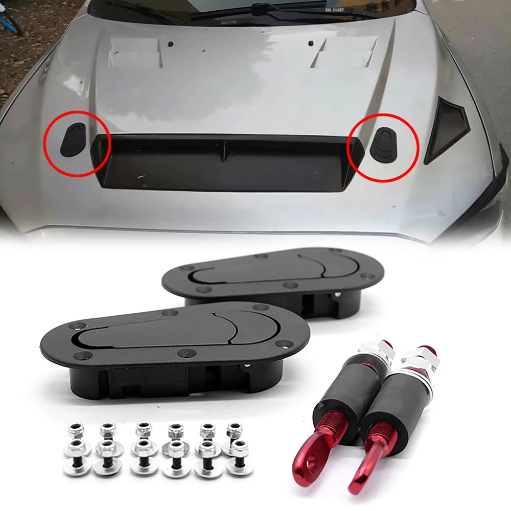 2Pcs Black Front Hood Engine Bonnet Pin Latch Lock Universal for Racing Car, Safety Protection with / Without Keys