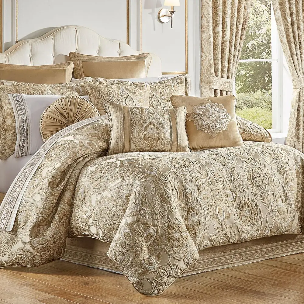 

Luxury Bedding Soothing Neutral Tones of Champagne and Ivory Jacobean Floral Inspired Damask, Medallions, and Soft Velvet 4 Pc