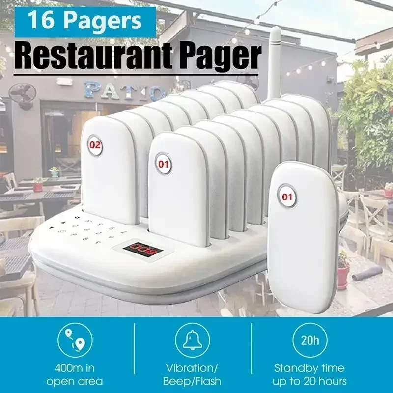 Restaurant Buzzer Pager Wireless Calling System 16 Pagers For Milk Tea Coffee Fast Food Shop Bar Church Queuing System Receiver