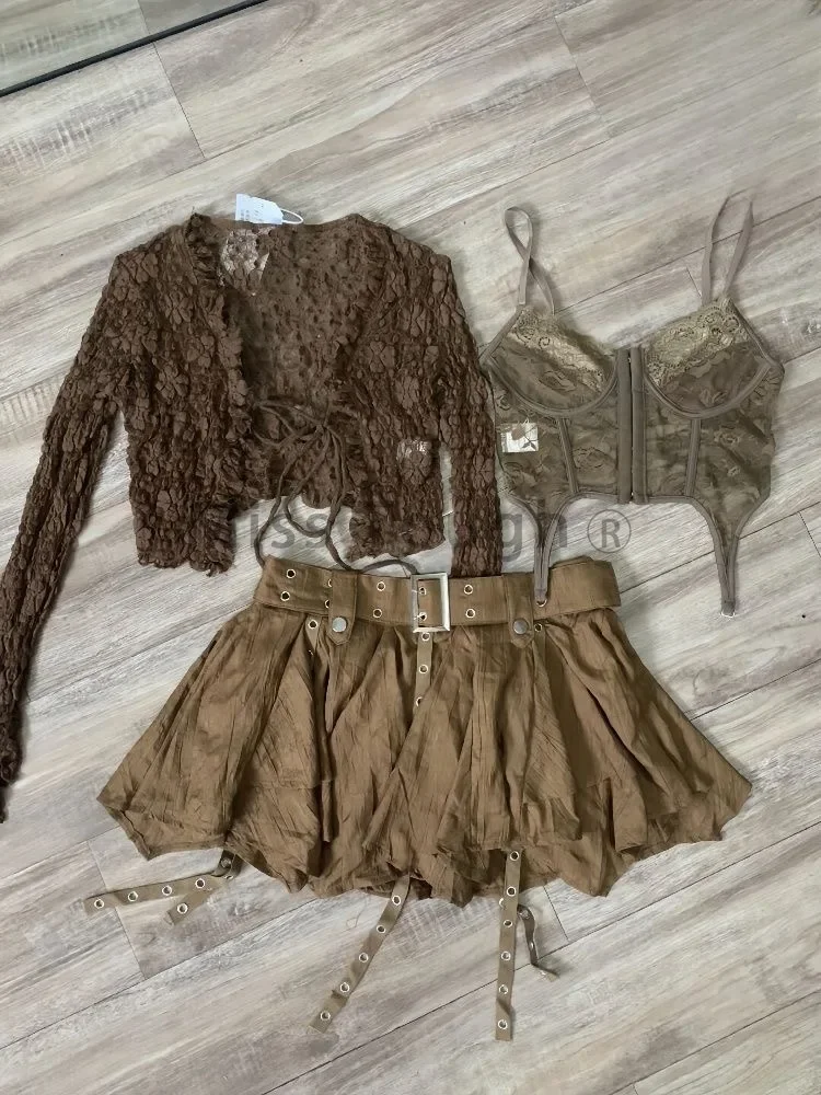 Grunge Y2k Vintage 3 Piece Set Woman Short Cardigan + Lace Vest + Asymmetrical Skirt Hot Girls 2000s Korean Fashion Sexy Suits