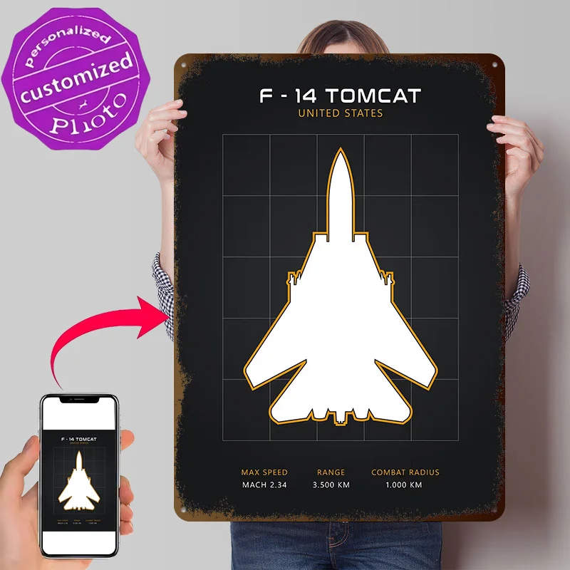 F-14 Tomcat Blueprint Personalized 3D Textured Metal Poster Wall Art Vintage Tin Signs for Home Decor Living Room House Items