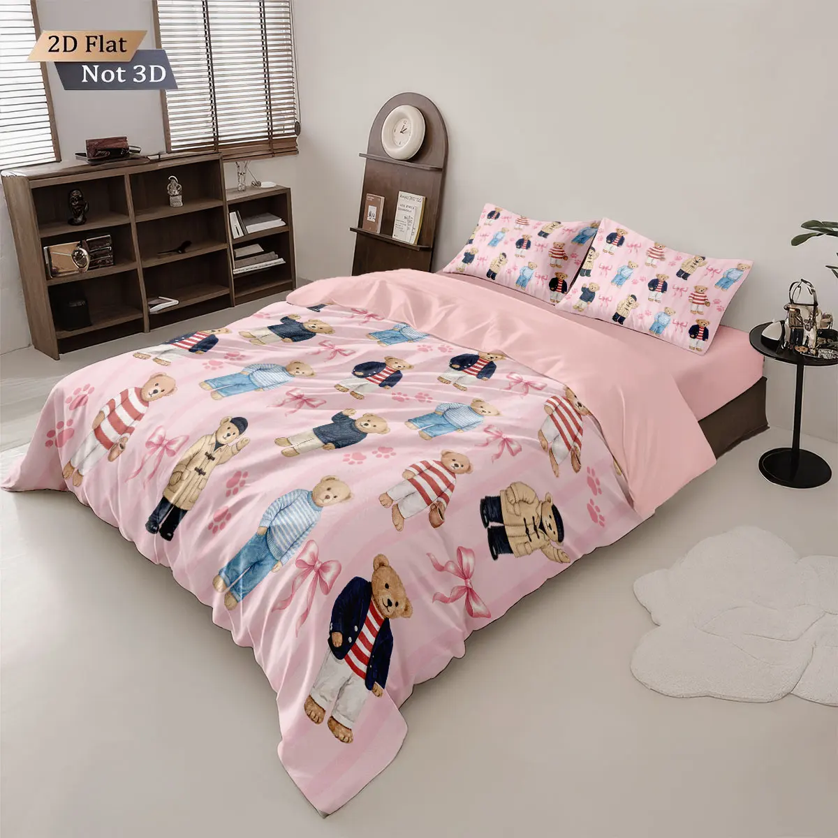 3pcs Cartoon Doll Bear Print Duvet Set, Multi Size Bedroom And Dormitory Bedding Decoration, Machine Washable