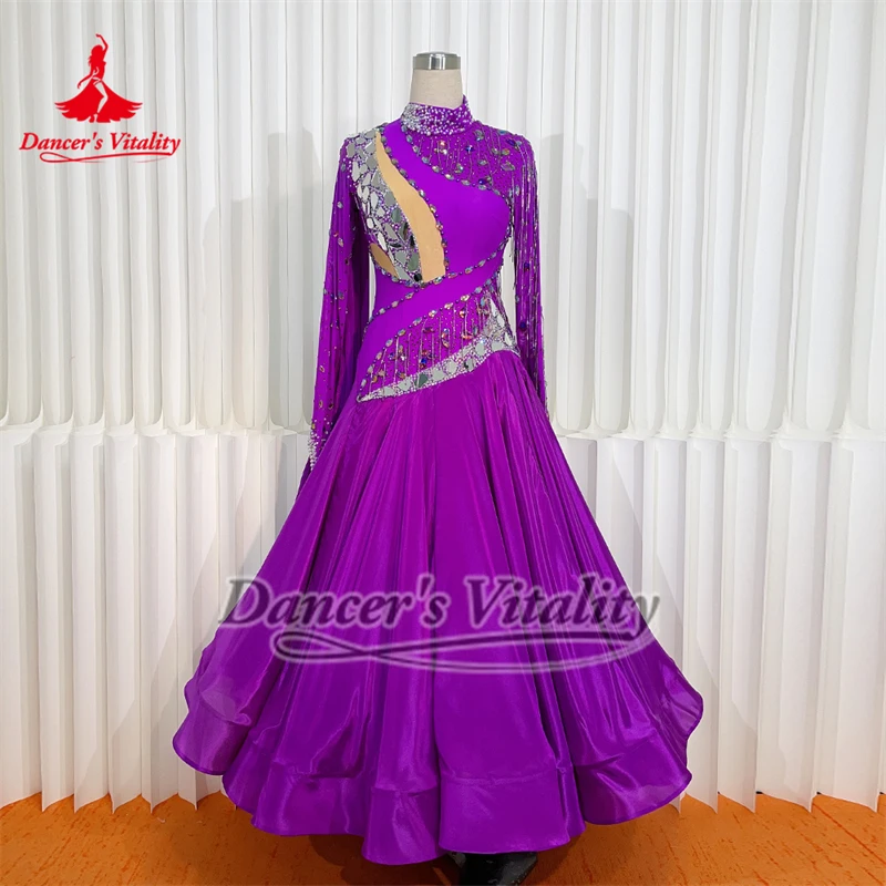 표준 볼룸 왈츠 퍼플 하이넥 진주 실크 의류 AB 스톤 고급 맞춤형 소셜 댄스 긴 소매 드레스
