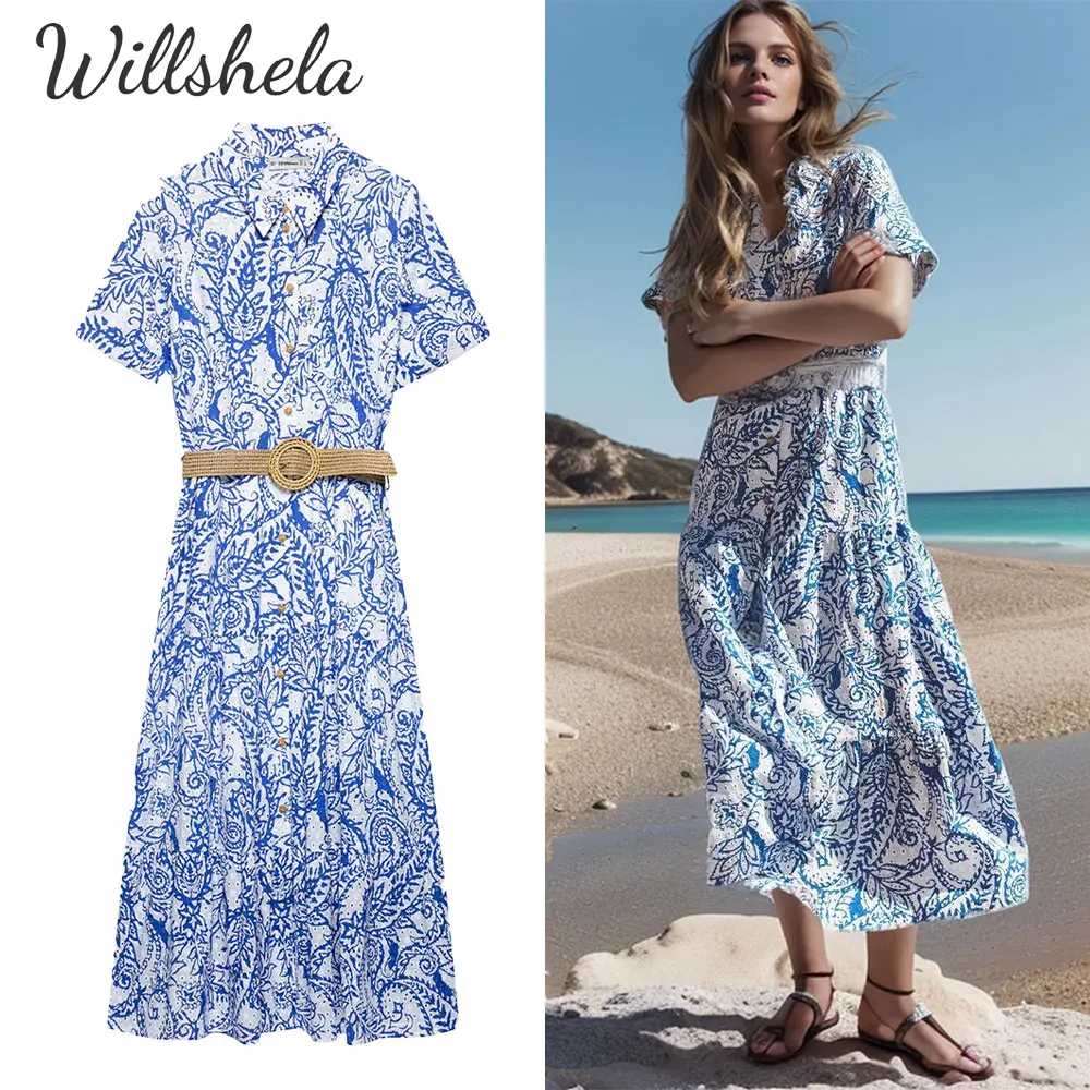 

Willshela Women Fashion Vacation Dress Embroidery Printed Midi Shirt Dress Short Sleeves Female Chic Lady Casual Long Vestidos