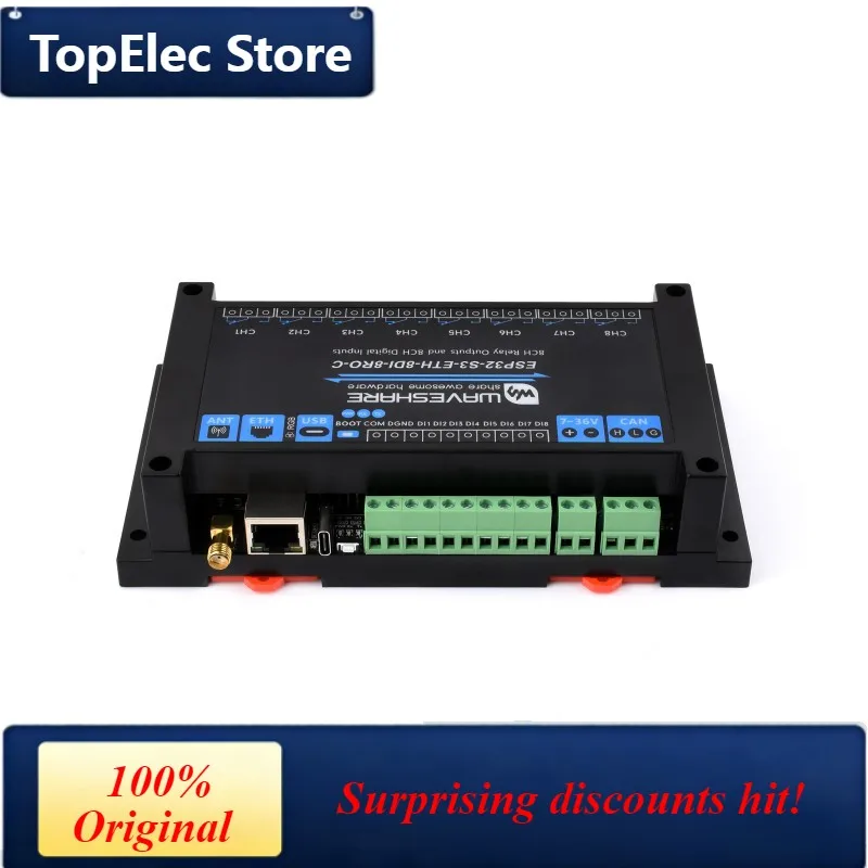 TopElec Waveshare ESP32-S3-ETH-8DI-8RO-C,Industrial 8-Channel ESP32-S3 WiFi Relay Module,Onboard Isolated CAN Interface,Built-in