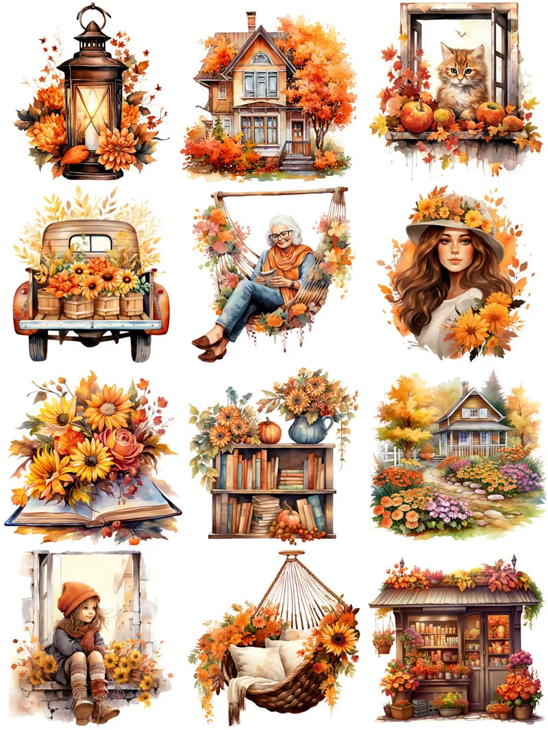 12Pcs/Pack Autumn Flowers Girl Sticker DIY Craft Scrapbooking Album Junk Journal Decorative Stickers