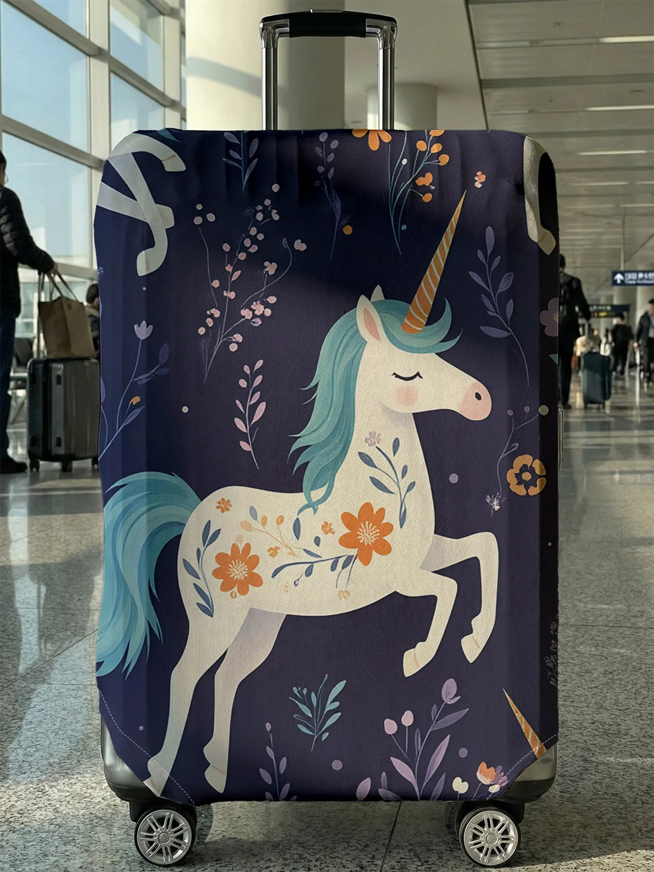 

Navy Blue Base Fantasy Unicorn Floral Luggage Cover, Suitable for 18-32 Inch Luggage Cover, Luggage Handle Glove, Travel Accesso