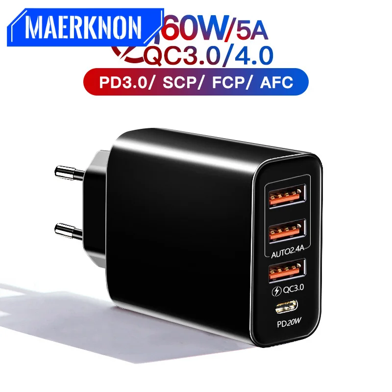 60W USB Type C Charger Quick Charge 3.0 Mobile Phone 4 Port Wall Fast PD Charger Adapter For iPhone 13 12 Pro Max Samsung Xiaomi