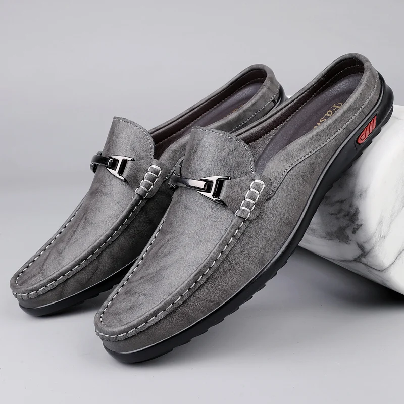 Casual Luxury Brand Men Half Dragged Loafers Genuine Leather Moccasins Light Breathable Dress Flat Mens Shoes Mens Slip on Shoes