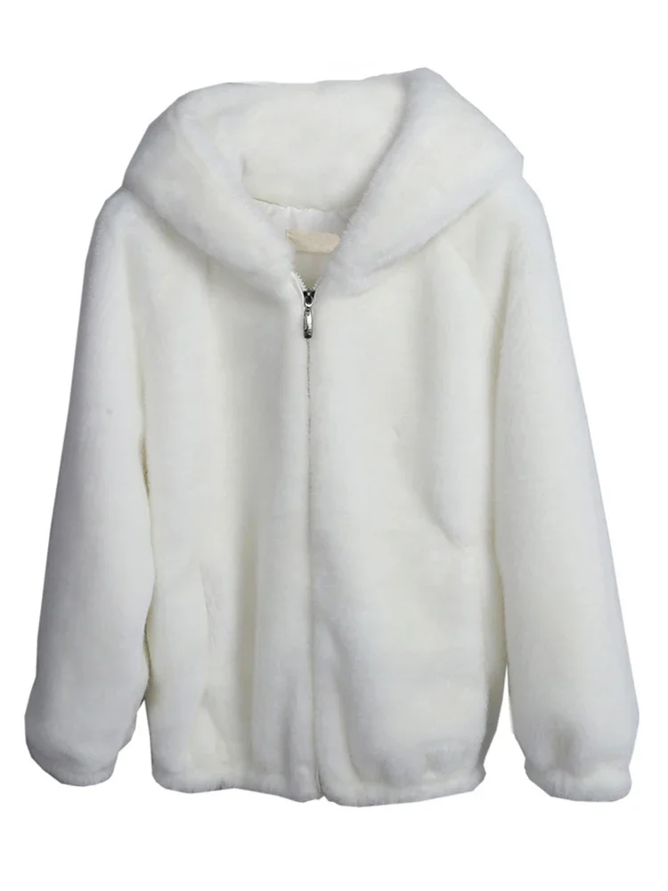 

2023 New Women's Winter Coat Female Mink Cashmere Warm Jacket Loose Plush Hooded Thick Coat Teddy Jacket Artificial Fur Overcoat
