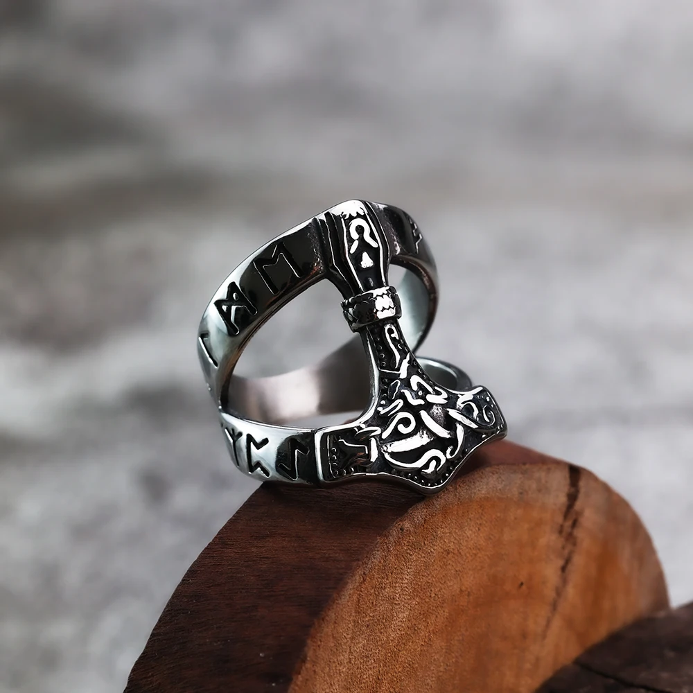 خاتم فايكنغ أودين شخصي للرجال ، الأساطير الشمال ، مطرقة رون ، النمط الأوروبي والأمريكية ، الأزياء والمجوهرات