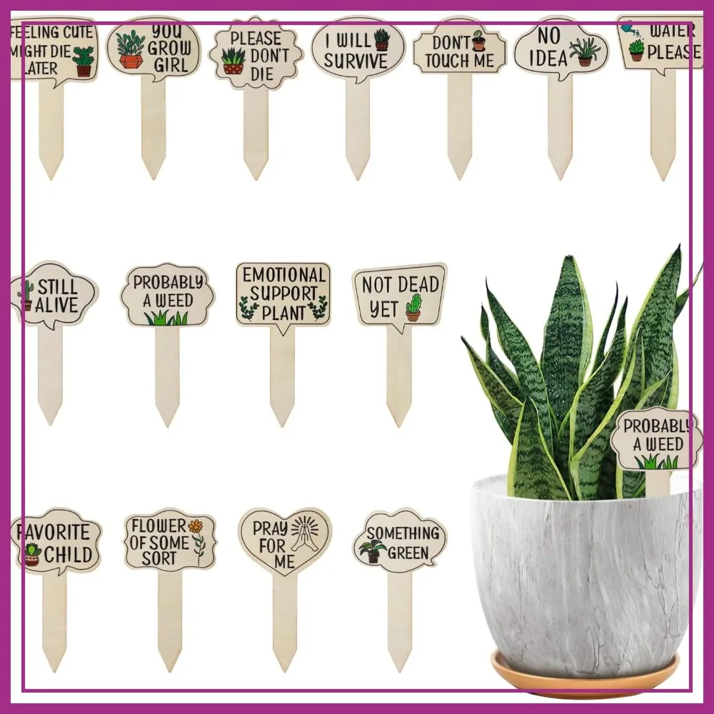 15pcs Wooden Plant Markers with Funny Words & Cute Patterns Garden Tags for Indoor Outdoor Patio Supplies