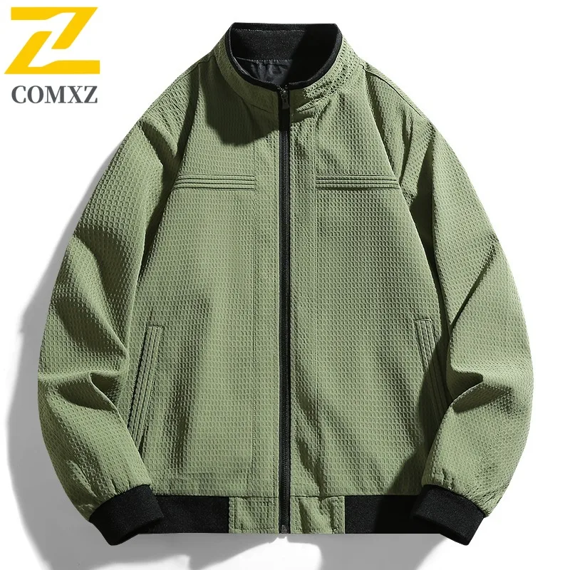 

COMXZ Spring Autumn New Fashion Casual Sports Stand Collar Cardigan Coat 3D Tennis Grid Fabric Coat Men lightweight windbreaker