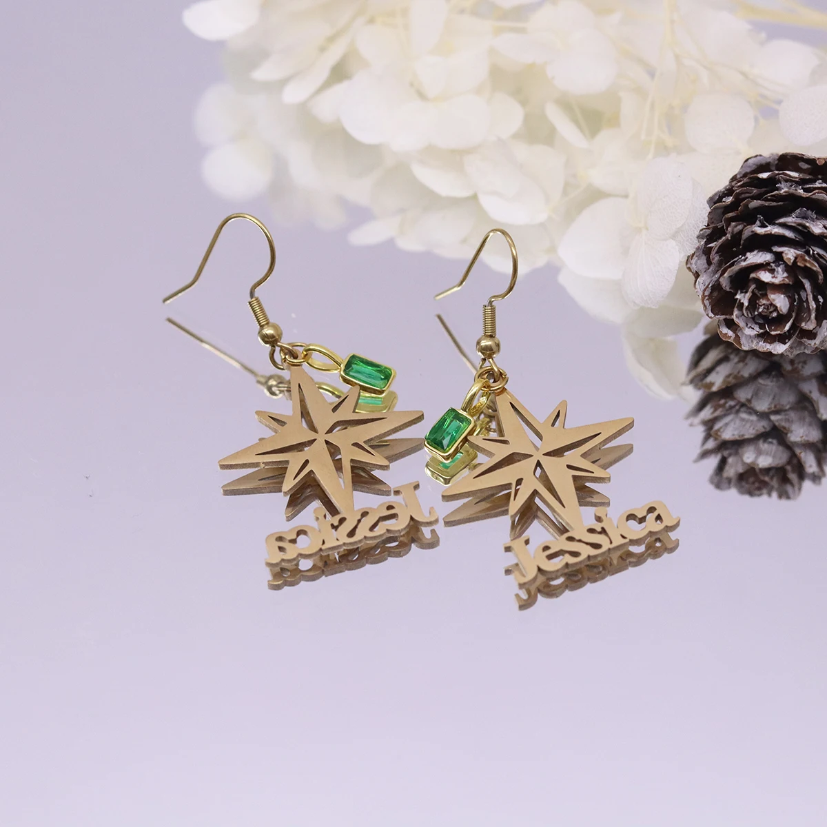 Chandler Custom Name North Star Earrings, Starburst Dangle Hook Earrings, Amulet Ethnic Jewelry for Women