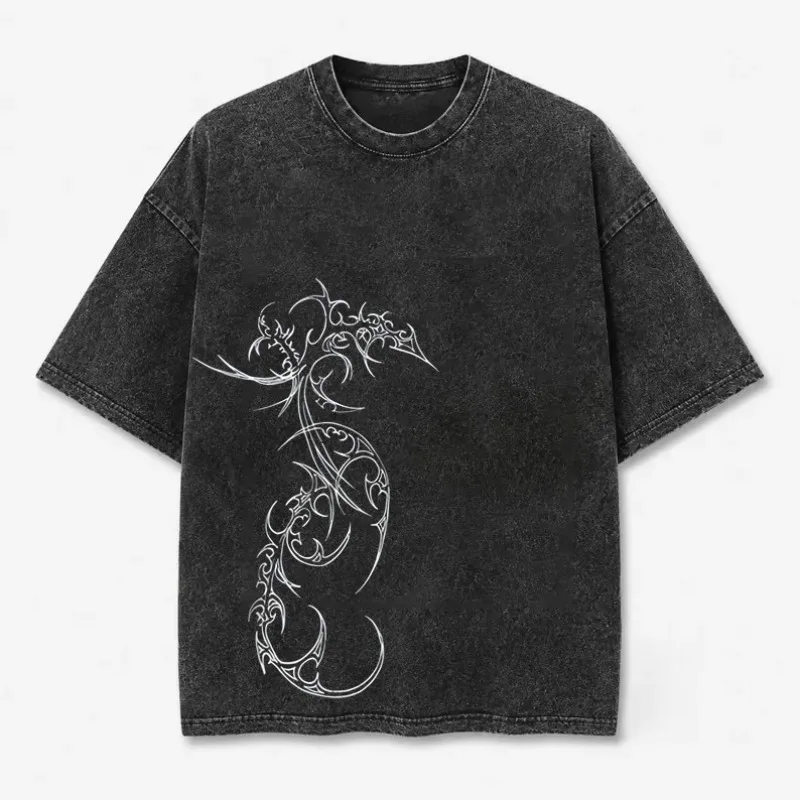 Y2K Spicy Thistle Totem Short Sleeve Vintage Washed T-Shirt Retro Gothic Line Print Shirt Unisex High Street Loose Fit Tops Tees