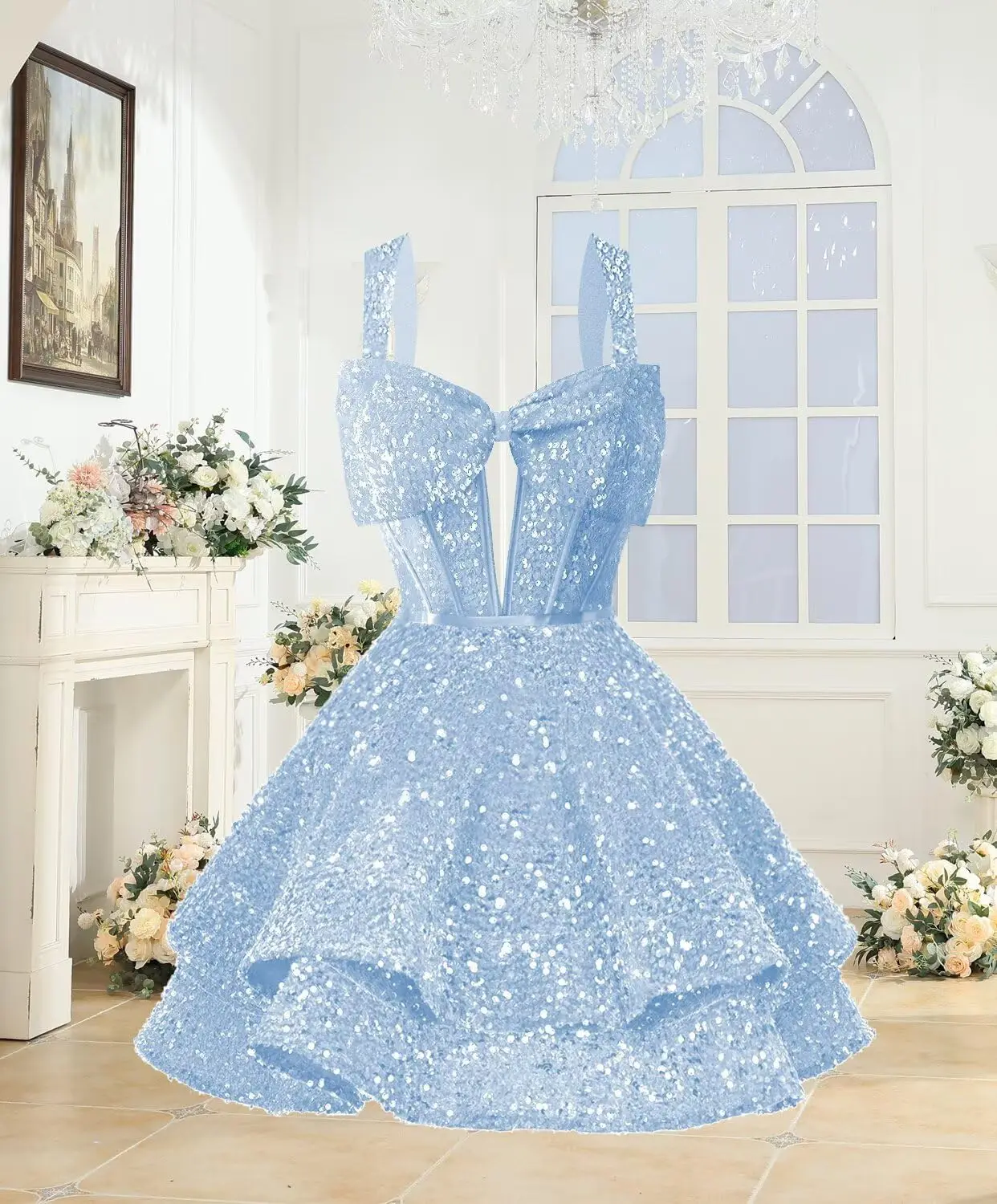 Sparkly Sequin Bow Homecoming Dresses for Teens Spaghetti Straps Mini Prom Cocktail Dress Graduation Dress Evening Dresses