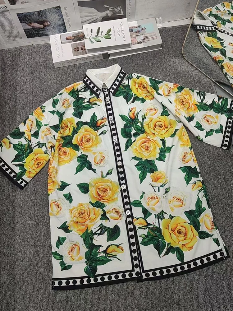 Spring/Summer 2024 New Yellow Rose Printed Single-breasted Shirt Bat Sleeve Holiday Style Lapel Loose Fashion Joker blouse