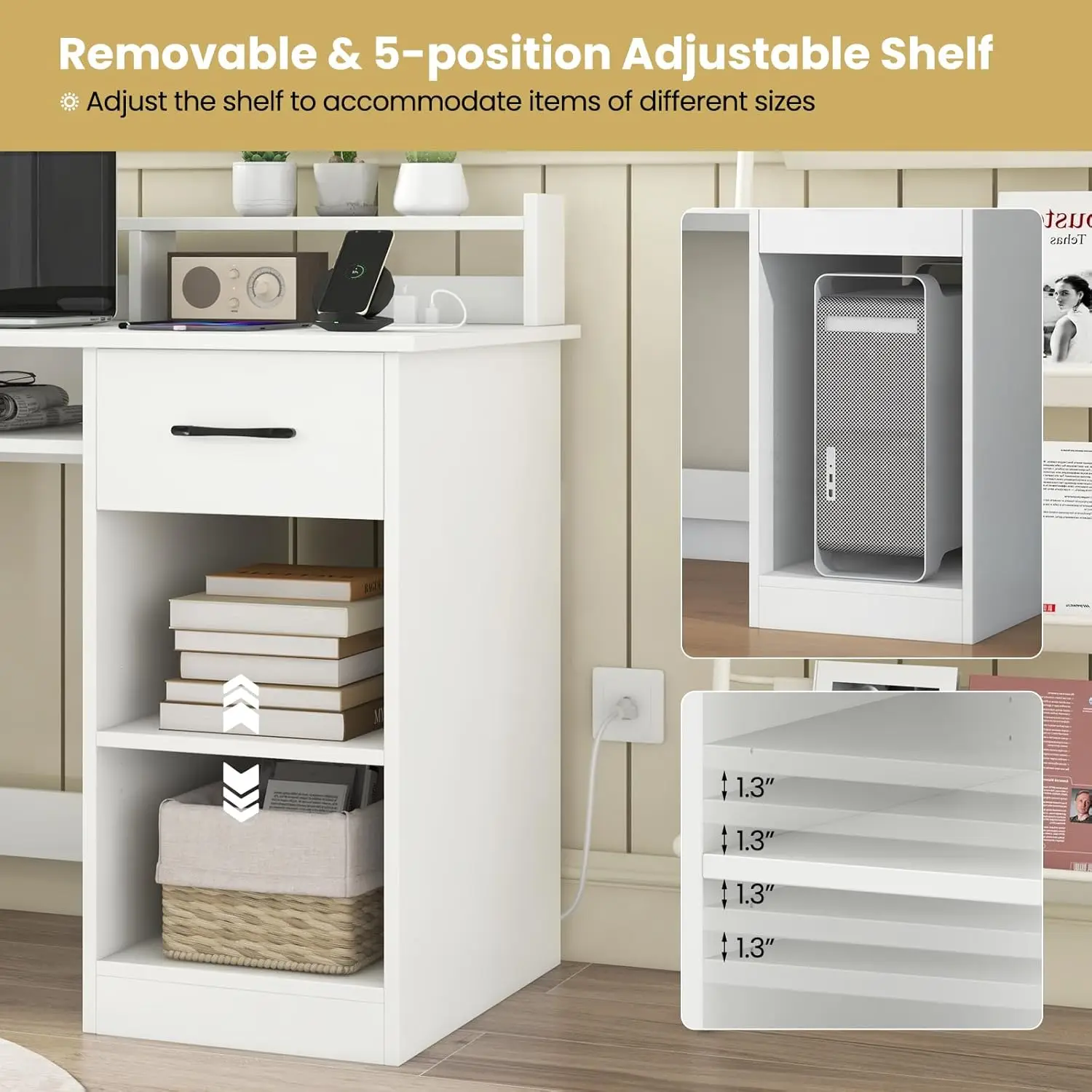 White Computer Desk With Charging Station, Type C Port, Modern Writing Desk With Drawer, Removable & Adjustable Shelf, Keyboard