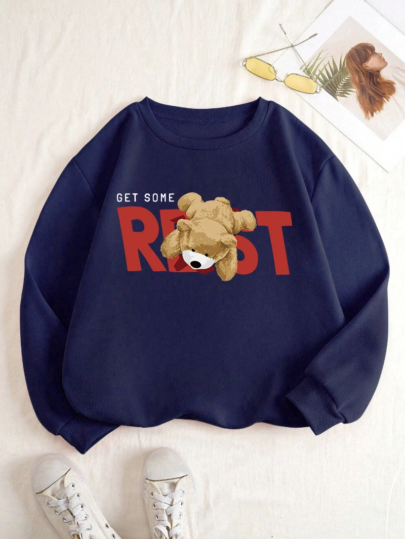 Осень-зима женская толстовка с капюшоном Get Some Rest с героями мультфильмов толстовка с принтом медведя теплый флисовый удобный пуловер модная уличная одежда