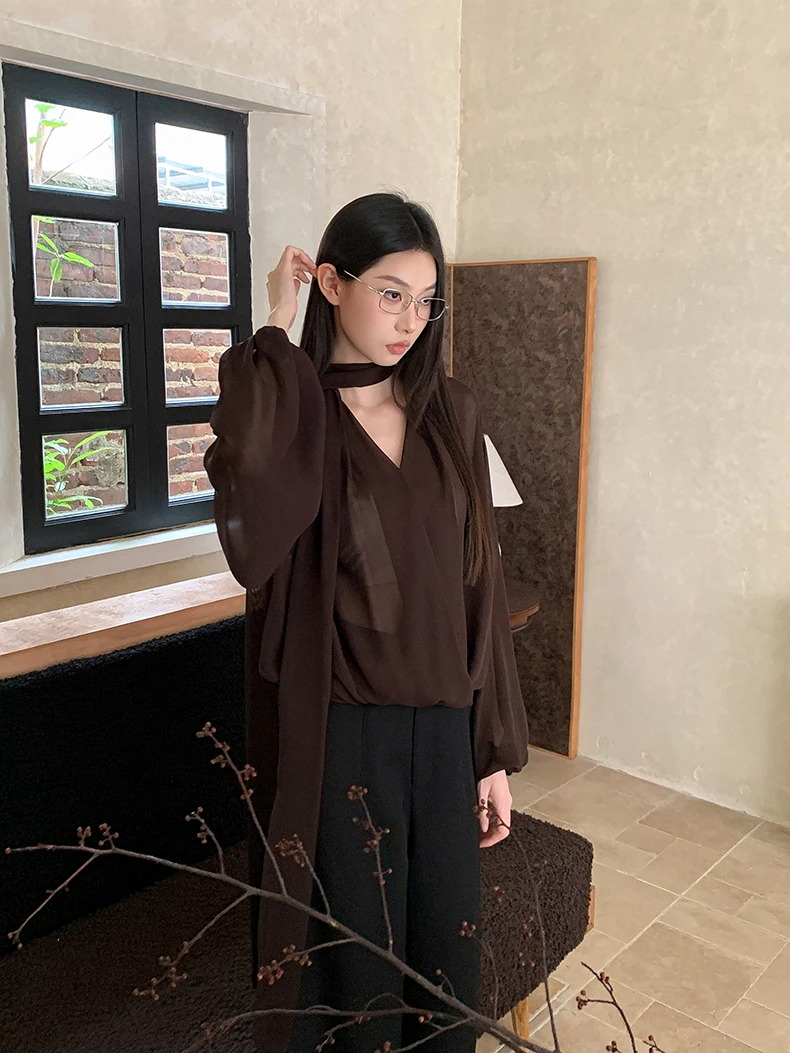 CHEERART Brown Chiffon Blouse Women Clothing Long Sleeve Top V Neck Ribbon Lady Tops And Blouses Fall Clothes 2024 Women