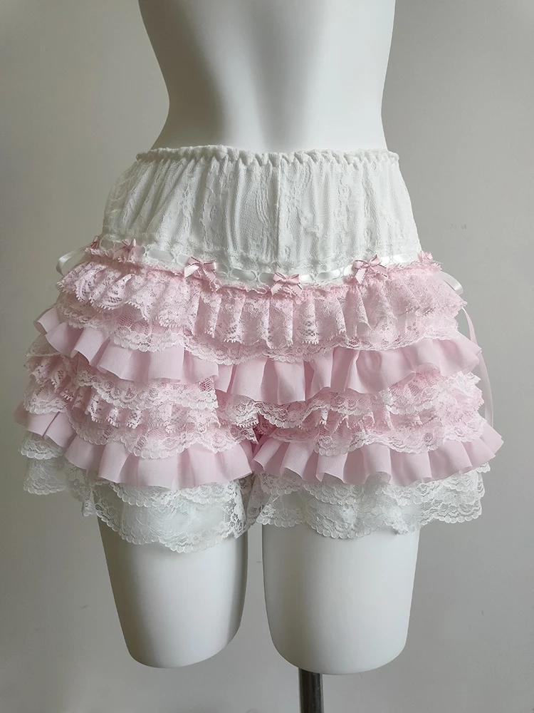 Pantalones cortos de retazos de encaje rosa para mujer, cintura elástica, estilo Harajuku Lolita, lindos pantalones cortos de fondo multicapa para niñas dulces