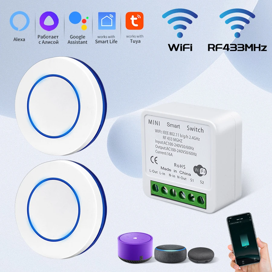 Tuya WiFi Smart Switch Wireless RF433MHz interruttore a pulsante rotondo telecomando modulo fai da te relè Alexa Google Home controllo vocale