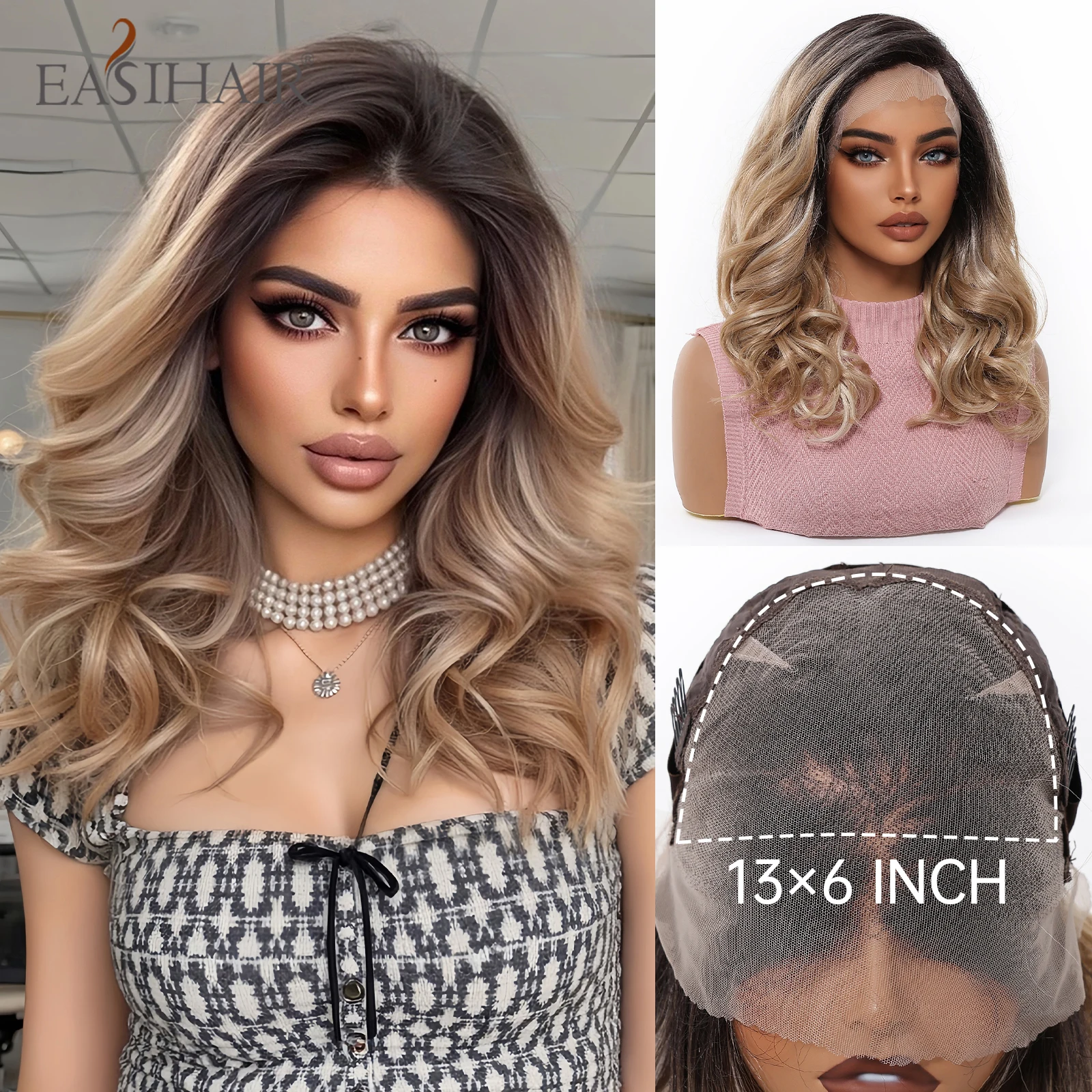 EASIHAIR Brown Blonde Ombre Curly Synthetic Wigs for Women Medium Length Wavy Lace Wigs 13*6 Lace Hair Free Part Natural Hair