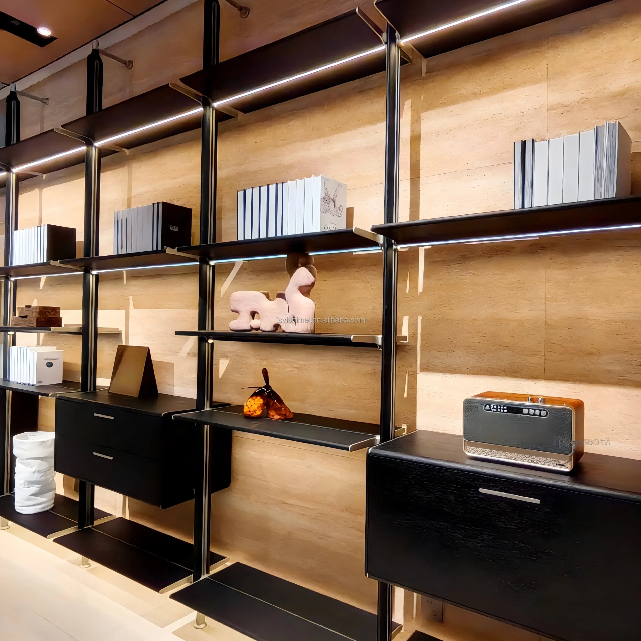 Bookshelf Display Rack Shelf Modern Minimalist Luxury Modular Custom Metal Aluminum Frame With Led Light for Living Room Office