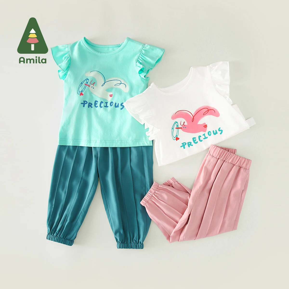 Amila vestito da ragazza 2024 estate nuovo Top manica piccola con Leggings colorati trasparenti Set di due pezzi in cotone Boutique silenzioso