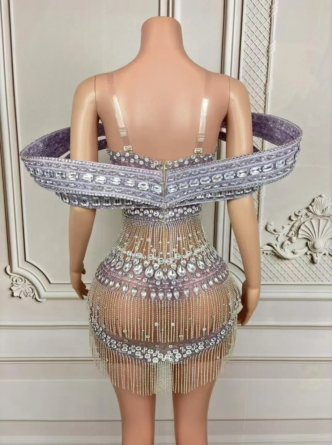 ทองเพชรสีดํา Rhinestones สั้นตาข่ายชุดผู้หญิงเซ็กซี่ฉลองชุดราตรีวันเกิด Party Photoshoot เครื่องแต่งกาย